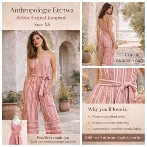 Anthropologie Ett:twa Robin Striped Jumpsuit Cropped Wide Leg Belted Boho Resort